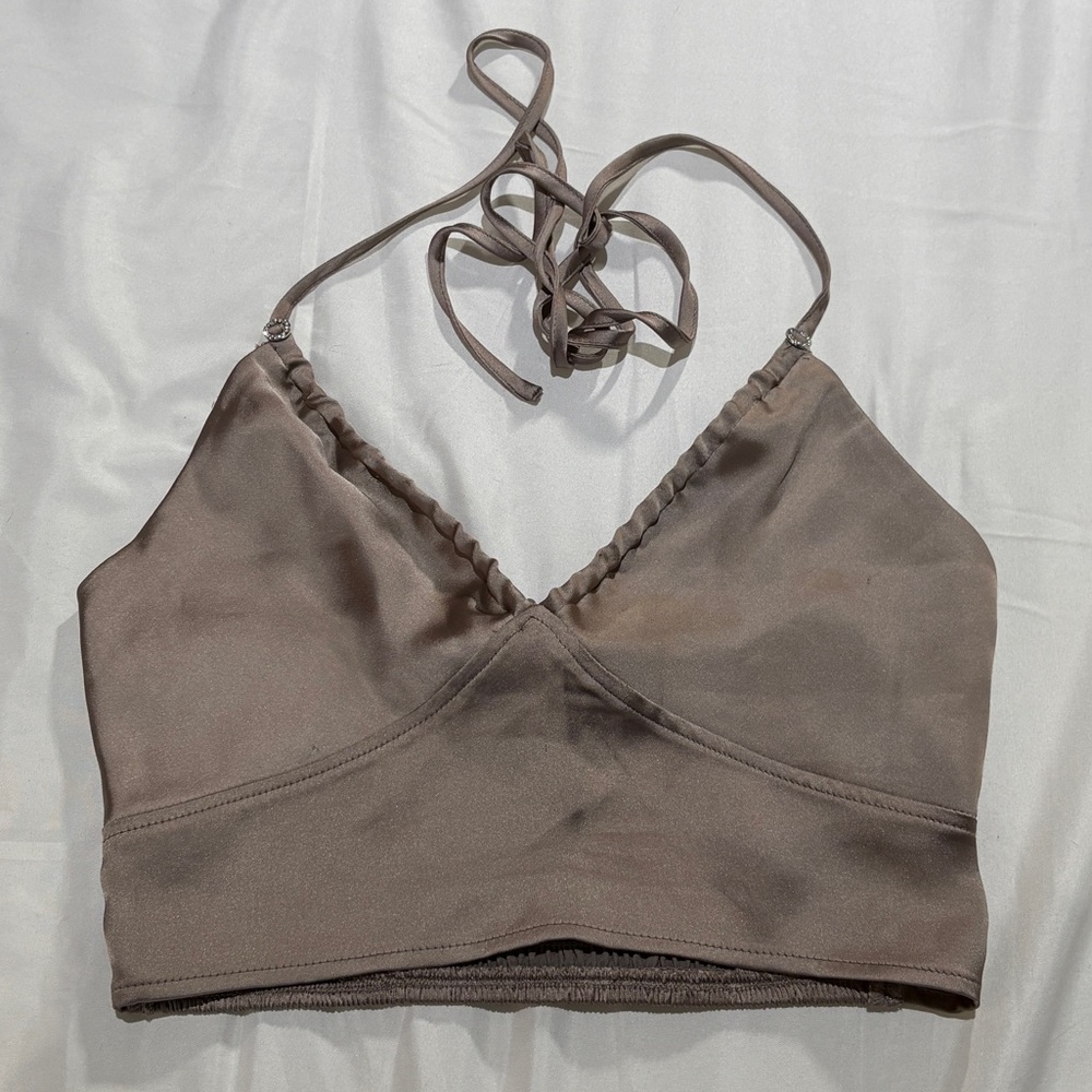 Garage Taupe Satin Halter Top
